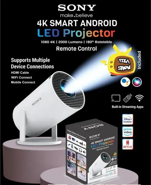 Sony Projector / Sony 4k Projector / Mobile Projector / LED Projector HD Android 11 Projector WiFi 6/BT 5.0 180° Rotation (2000 Lumens / 1 Speaker / Wireless / Remote Controller) Portable Projector (White) - Image 6